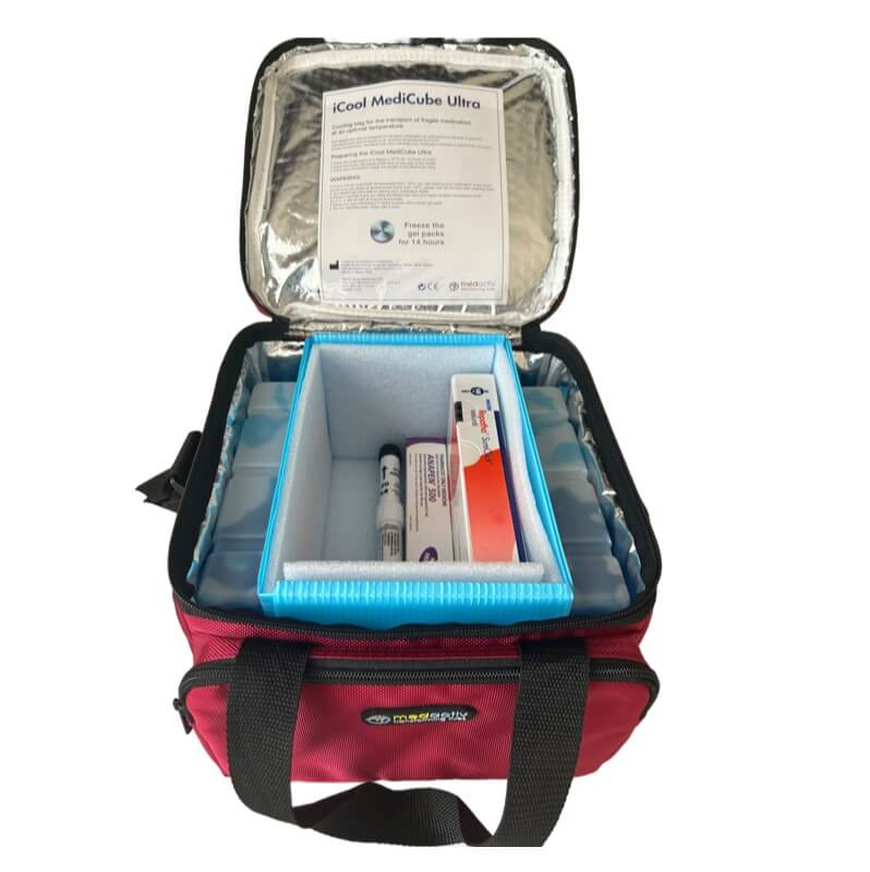 large icool medicube ultra medication cooling bag with refrigerated medication stored inside