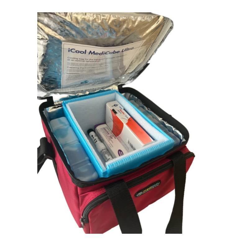 a photo of a large red medication cooling bag from Medsactiv and medicooler