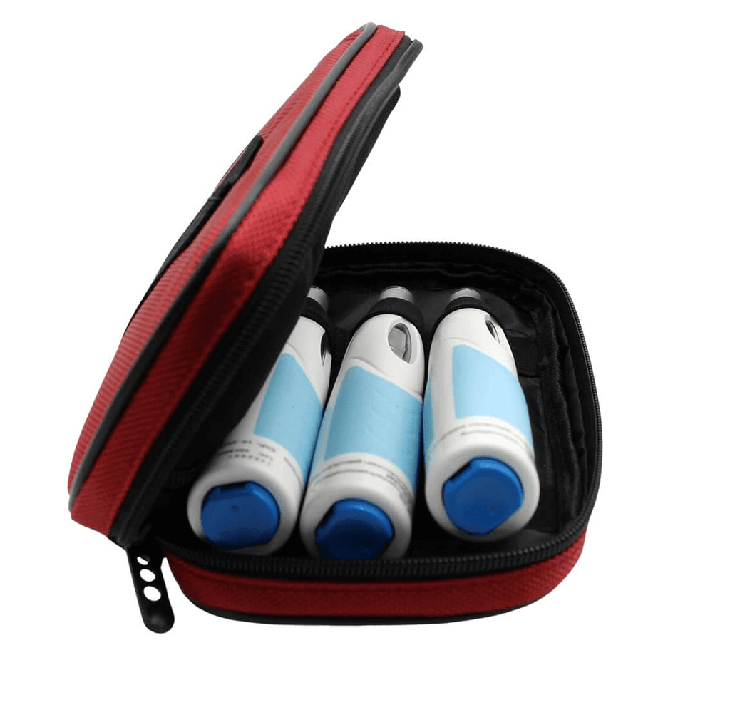 product photo of a red medication cooling bag containing 3 refrigerated injection pens.