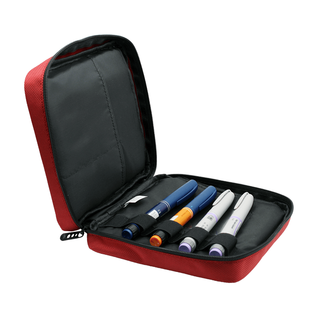 red medication cooling bag for 5 injections that stays cool below 8 degrees for 24 hours