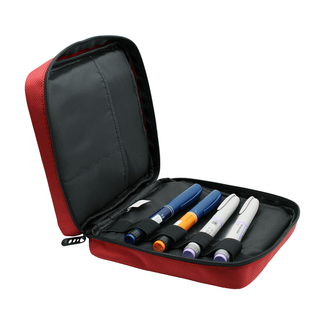 red medication cooling bag for 5 injections that stays cool below 8 degrees for 24 hours